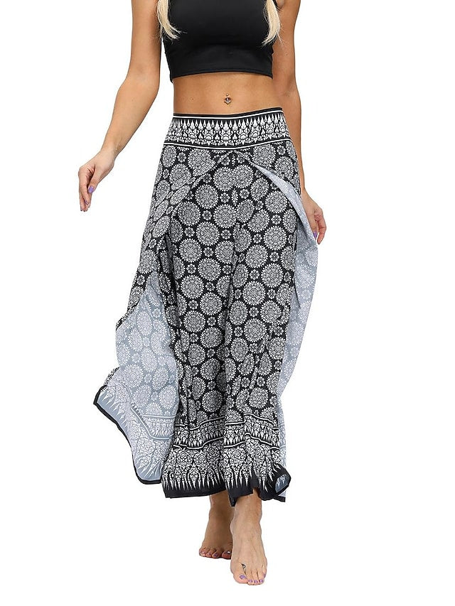 flowersverse Women's Harem Wide Leg Pants Trousers Light gray Gray Black High Waist Basic Boho Gym Yoga Layered High Cut Micro-elastic Full Length Comfort Pattern S L / Drop Crotch / Plus Size / Loose Fit / Print