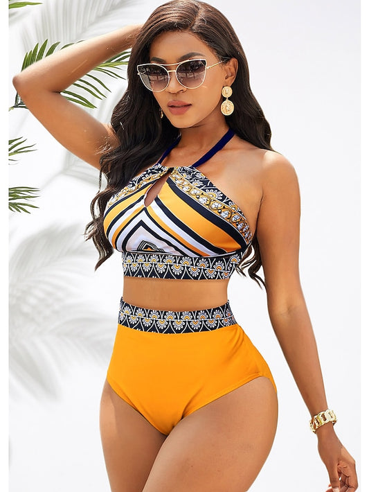 flowersverse Women's Swimwear Bikini Plus Size Swimsuit 2 Piece Graphic Orange Bandeau Bathing Suits Sports Summer