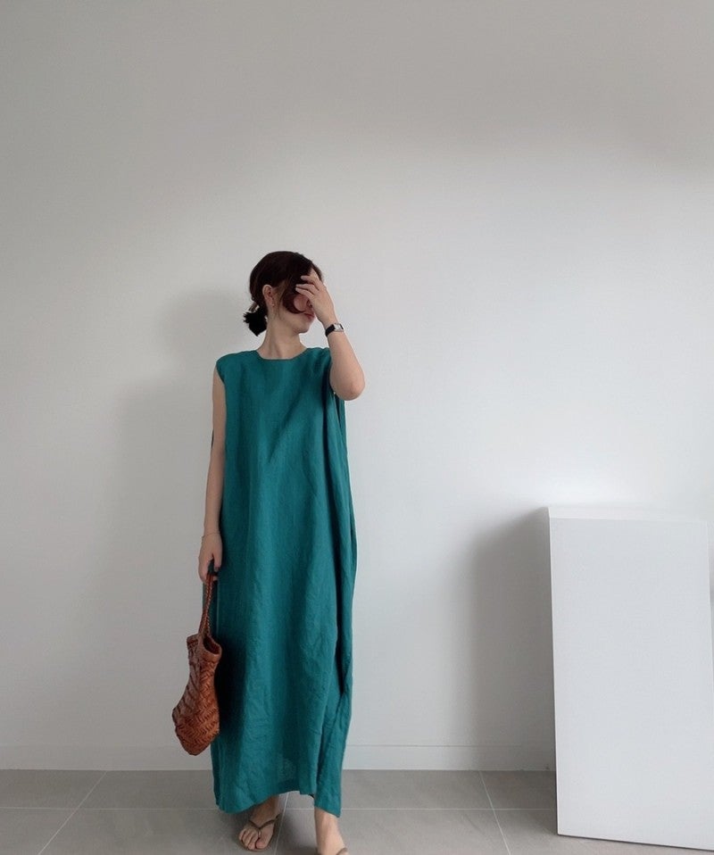 flowersverse Loose Cotton Vest Dress New Round Neck Sleeveless Long Dress Linen
