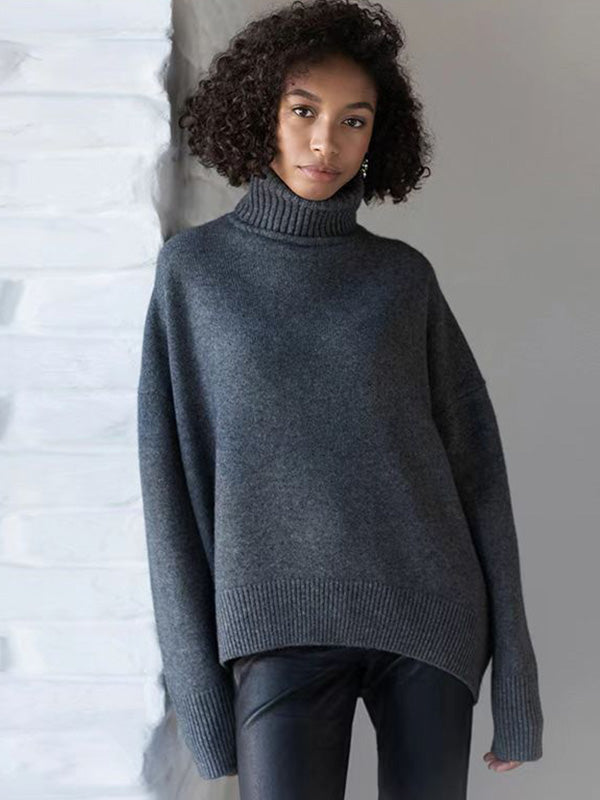 flowersverse Casual Long Sleeves Loose Solid Color High-Neck Sweater Tops