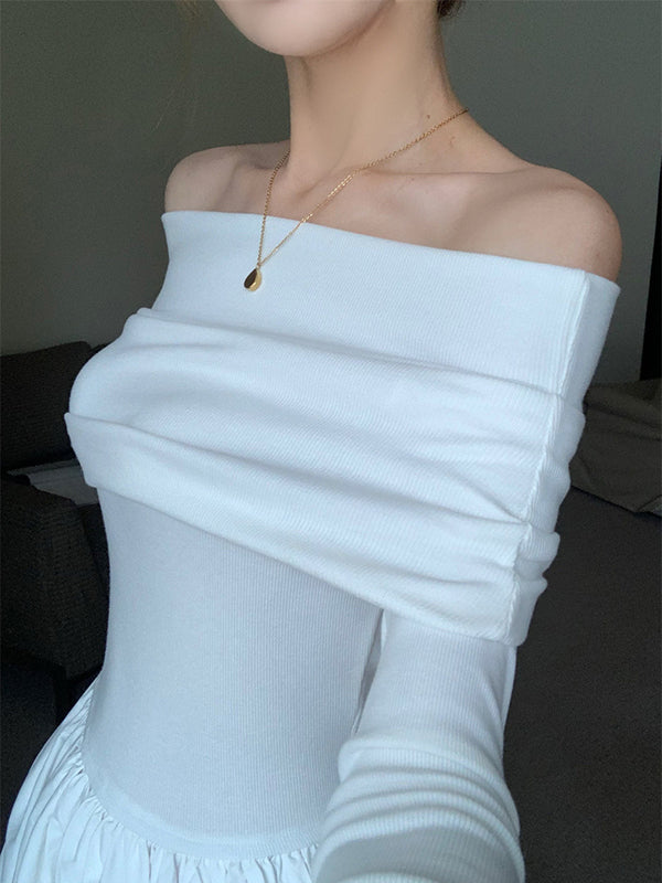 flowersverse Long Sleeves Pleated Solid Color Split-Joint Off-The-Shoulder Maxi Dresses