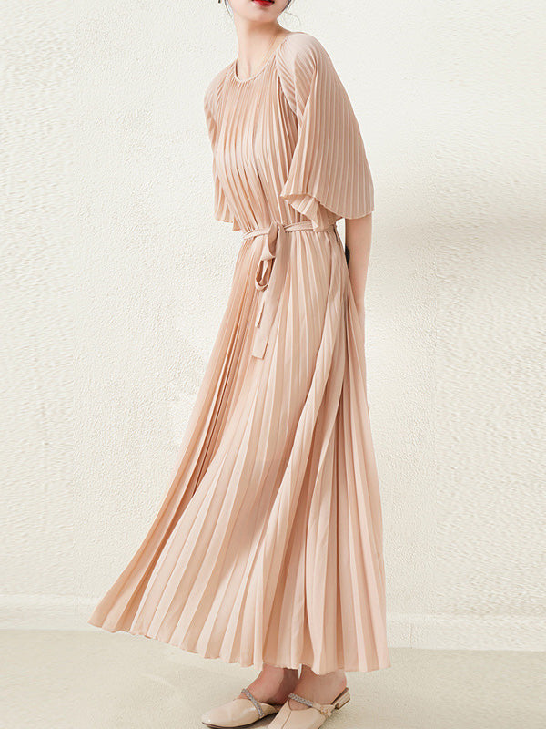 flowersverse Loose Pleated With Waistband Solid Color Round-Neck Maxi Dresses