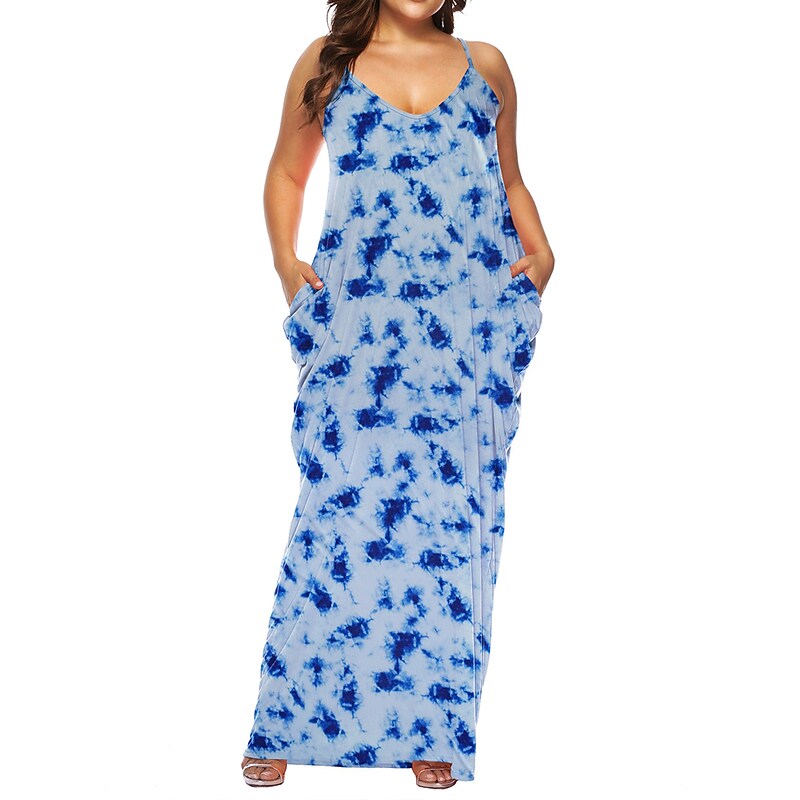 flowersverse Women's Plus Size Casual Dress Shift Dress Slip Dress Leaf Tie Dye Long Dress Maxi Dress Sleeveless Pocket Print Strap Fashion Daily Light Yellow White Spring Summer XL XXL 3XL