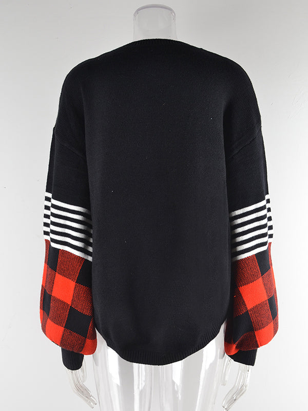 flowersverse Casual Long Sleeves Loose Checkered Round-Neck Sweater Tops