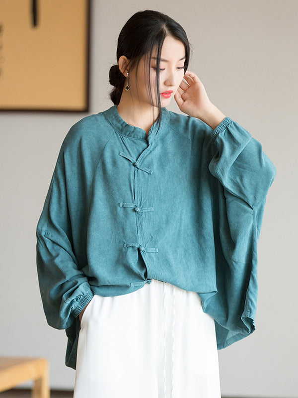 flowersverse Artistic Retro Loose Long Sleeves Buttoned Solid Color Stand Collar Blouses&Shirts Tops