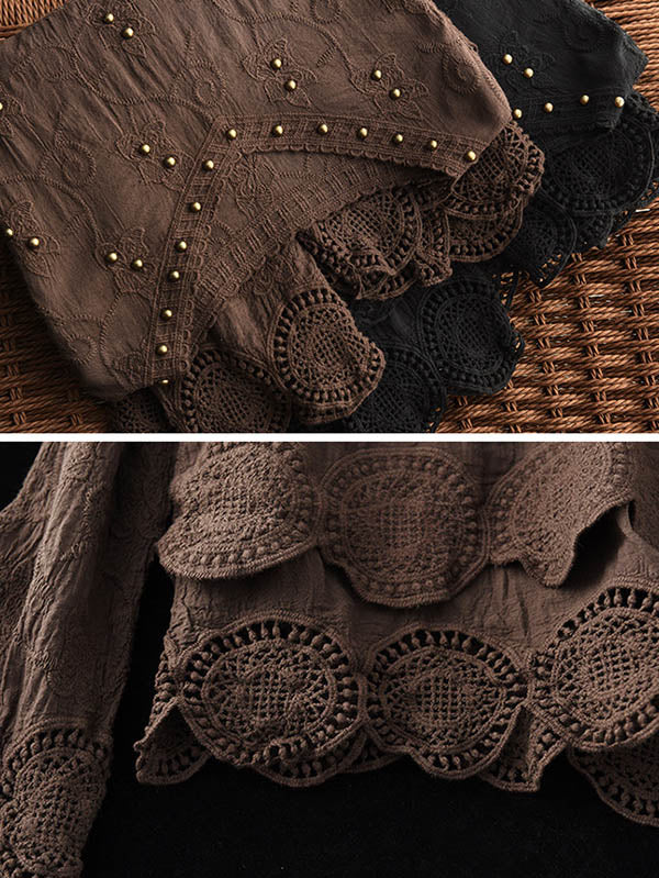 flowersverse Black&Coffee Lacy Hollow V-Neck Long Sleeve Shirts