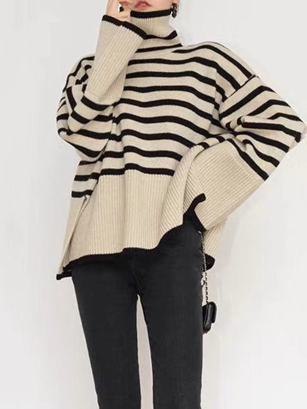 flowersverse Contrast Color Split-Joint Split-Side Striped Long Sleeves Loose High Neck Sweater Tops