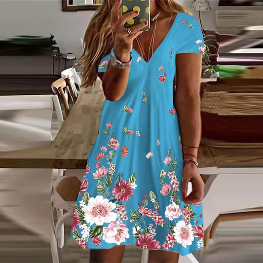 flowersverse Women's Plus Size Curve A Line Dress Floral V Neck Short Sleeve Spring Summer Casual Short Mini Dress Causal Daily Dress