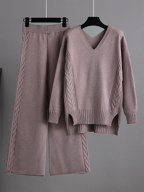 flowersverse Urban Loose Solid Color V-Neck Sweater Tops& Wide Leg Pants Suits