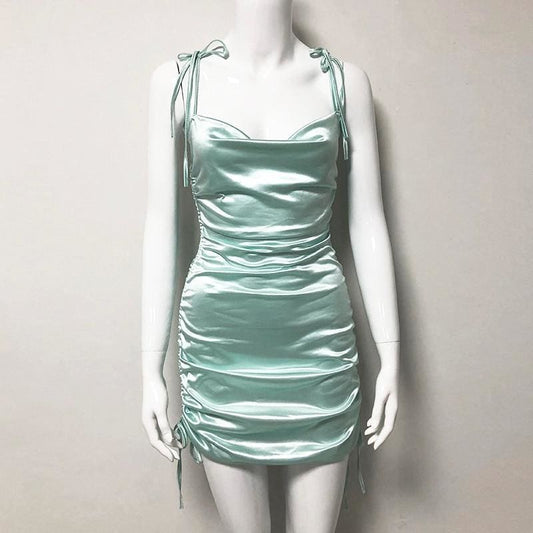 flowersverse Women Cowl Neck Backless Party Dress Sides Lace Ruched Dress Mini