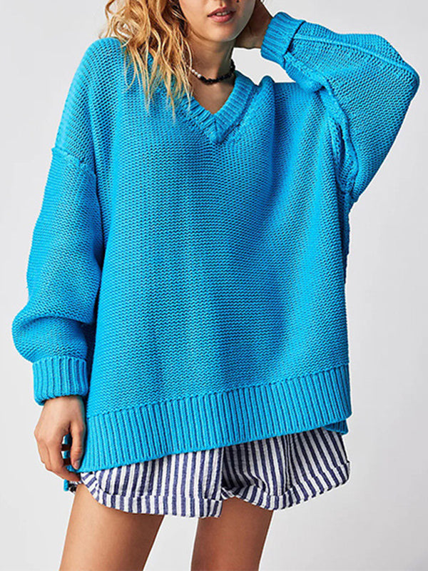 flowersverse Solid Color Velvet Long Sleeves Loose V-Neck Sweater Tops Pullovers