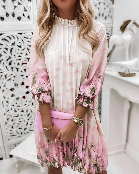 flowersverse Floral Print Ruffle Trim Pleated Dress