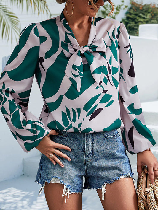 flowersverse Elasticity Printed Tied Bishop Sleeve Long Sleeves V-Neck Blouses&Shirts Tops