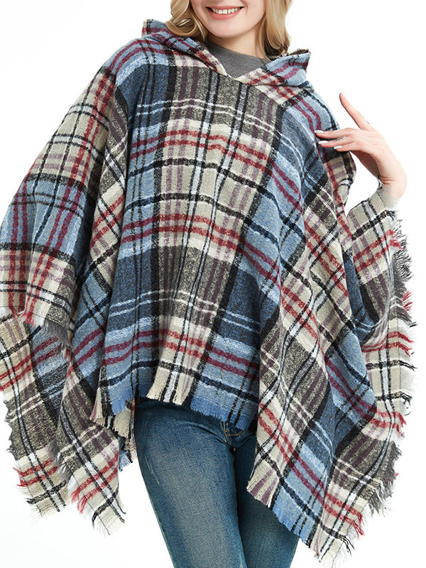 flowersverse Fringed Hooded Keep Warm Plaid Shawl&Cloak Cape