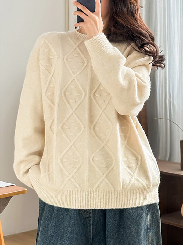 flowersverse Simple Loose Long Sleeves Jacquard Solid Color Round-Neck Sweater Tops