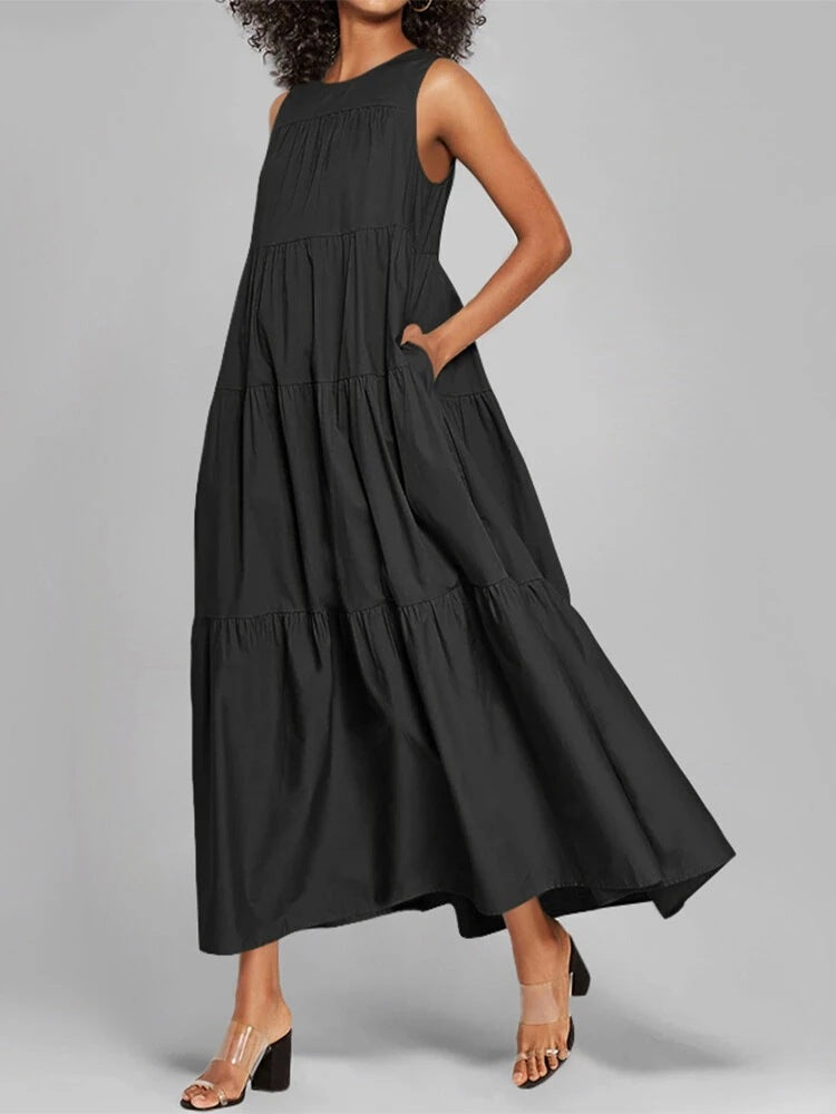 flowersverse Round Neck Pullover Sleeveless Loose Casual Dress