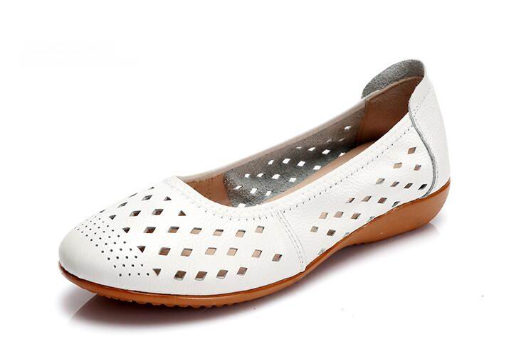 flowersverse Spring Genuine Leather Flat Summer Shoes Women Casual Hollow Breathable Soft Bottom Ladies Flats Plus Size 35-43