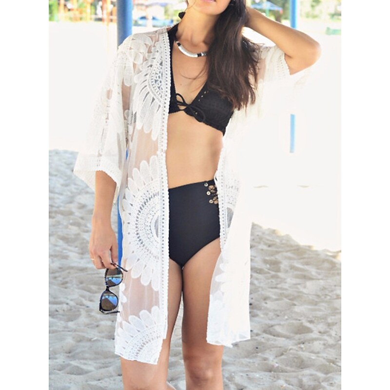 flowersverse Women's Cover Up Beach Dress Beach Wear Mini Dress Crochet Casual Floral Open Front 3/4 Length Sleeve Loose Fit Outdoor Daily White Spring Summer One Size