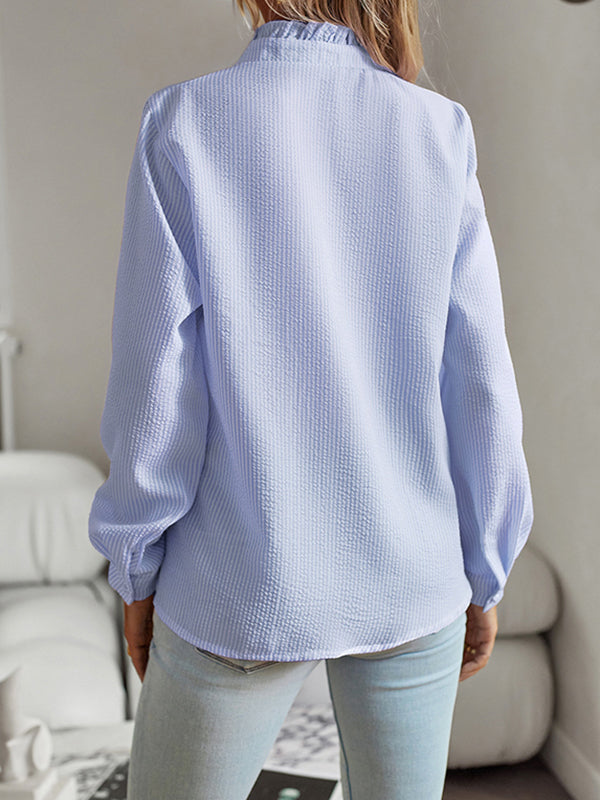 flowersverse Asymmetric Buttoned Ruffled Striped Long Sleeves Mock Neck Blouses&shirts Tops