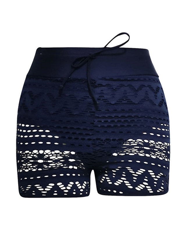 flowersverse Women's Swimwear Cover Up Swim Shorts Plus Size Swimsuit Lace Elastic Waist Pure Color Black Navy Blue Bathing Suits Sports Vacation Neutral