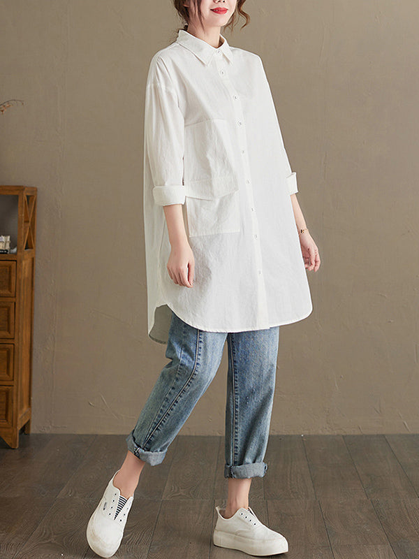 flowersverse Simple Solid Buttoned Lapel Collar Long Sleeves Blouse