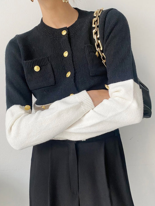 flowersverse Buttoned Contrast Color Long Sleeves Round-Neck Cardigan Tops