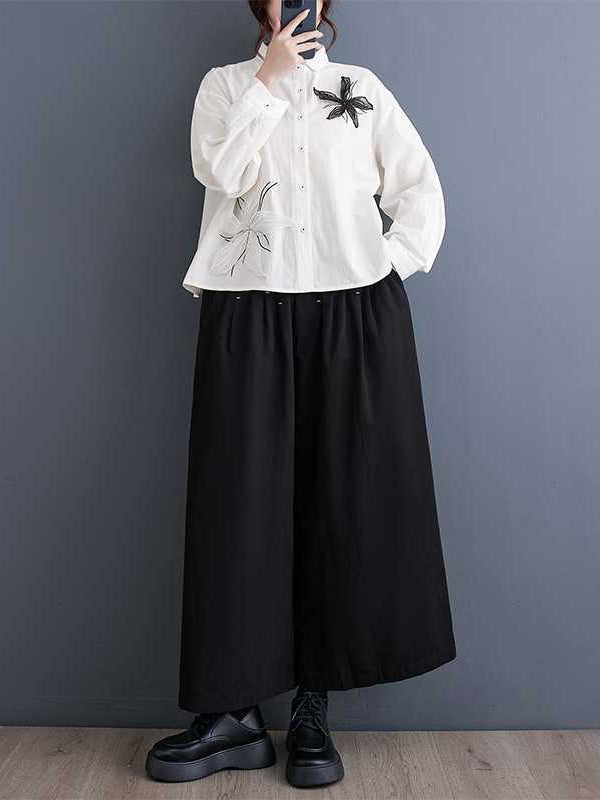 flowersverse Applique Buttoned Embroidered Long Sleeves Loose Lapel Blouses&Shirts Tops