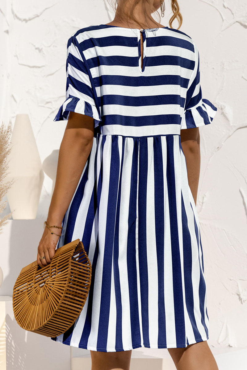 flowersverse Fashion Casual Striped Patchwork O Neck A Line Dresses