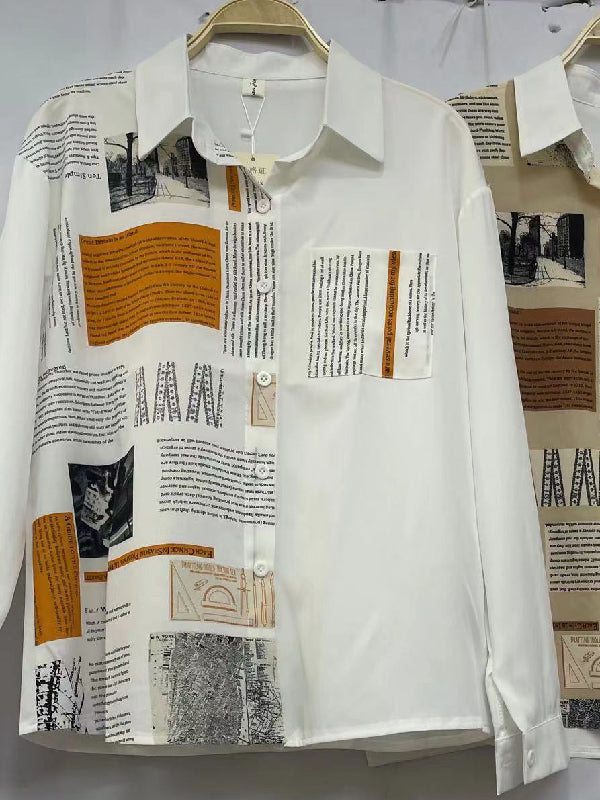 flowersverse Asymmetric Buttoned Printed Long Sleeves Loose Lapel Blouses&Shirts Tops