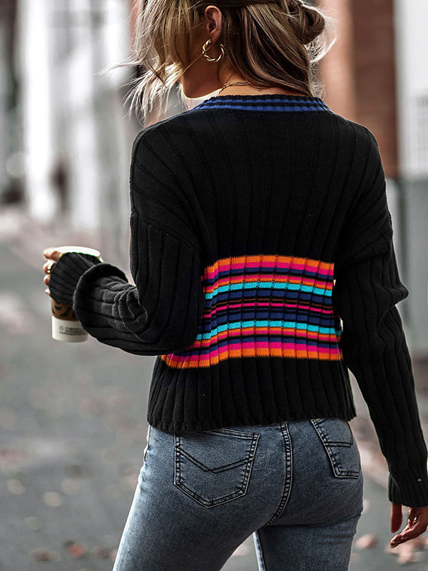 flowersverse Casual Long Sleeves Striped V-Neck Sweater Tops