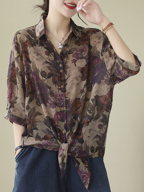 flowersverse Buttoned Flower Print Tied Long Sleeves Loose Lapel Blouses&Shirts Tops