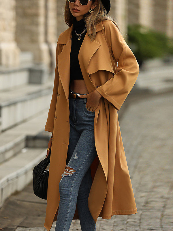 flowersverse Casual Lace-Up Solid Lapel Collar Coat