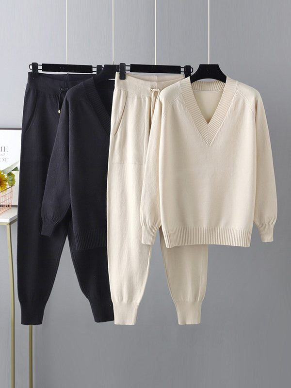 flowersverse Casual Loose Harem Pants Solid Color V-Neck Sweater Tops Pants Two Pieces Set