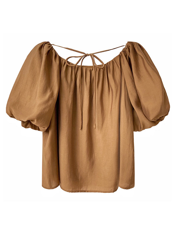 flowersverse Original Off-The-Shoulder Solid Color Pleated Puff Sleeves Tunic Top