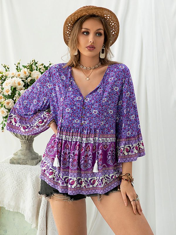 flowersverse Vacation Loose Floral Printed V-Neck T-Shirt Top