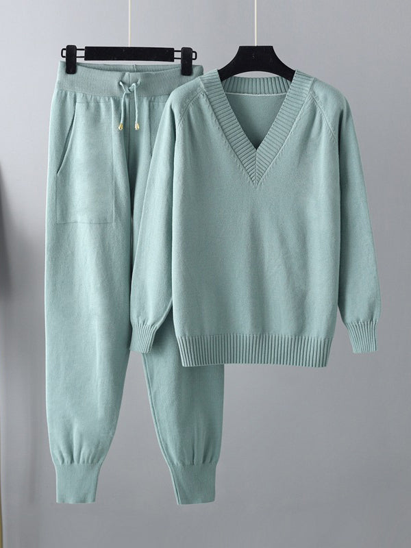 flowersverse Casual Loose Harem Pants Solid Color V-Neck Sweater Tops Pants Two Pieces Set
