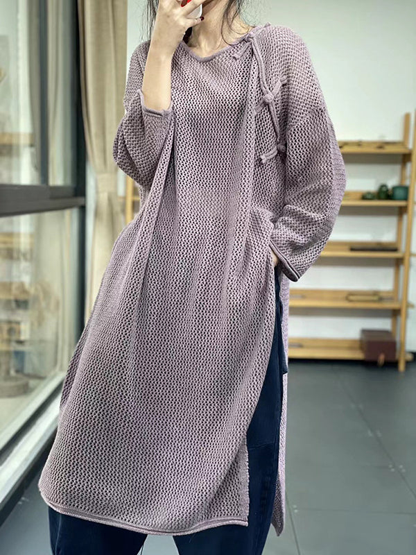 flowersverse Asymmetric Hollow Split-side Long Sleeves Loose Round-neck Sweater Tops