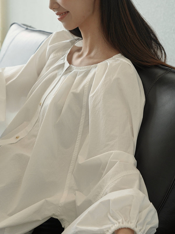 flowersverse Buttoned Elasticity Pleated Solid Color Bishop Sleeve Long Sleeves Round-Neck Blouses&Shirts Tops