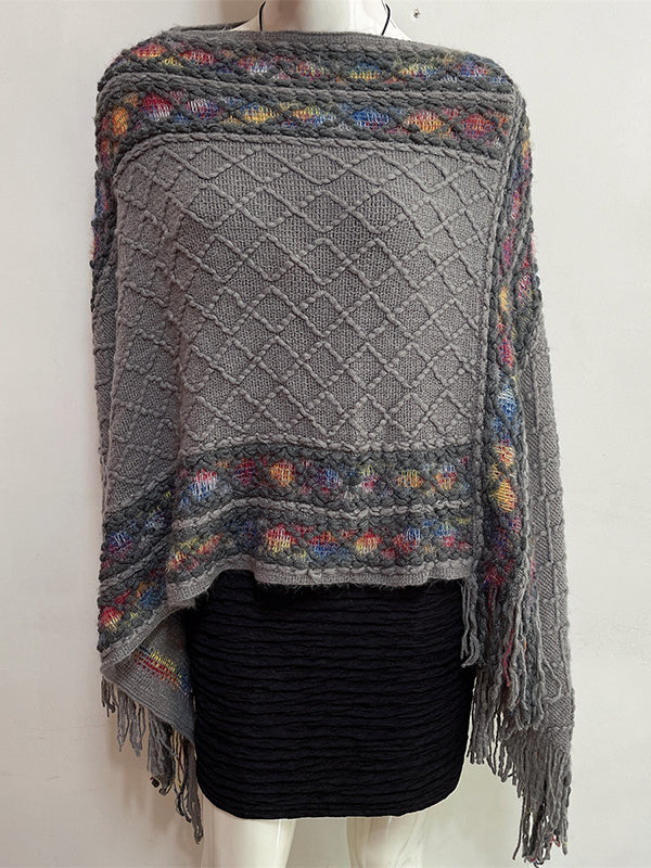 flowersverse Asymmetric Tasseled Loose V-Neck Shawl&Cloak Cape