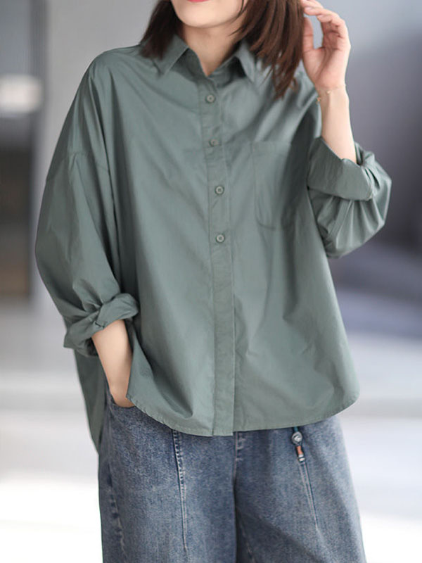 flowersverse Solid Color High-low Long Sleeves Lapel Blouses&shirts Tops