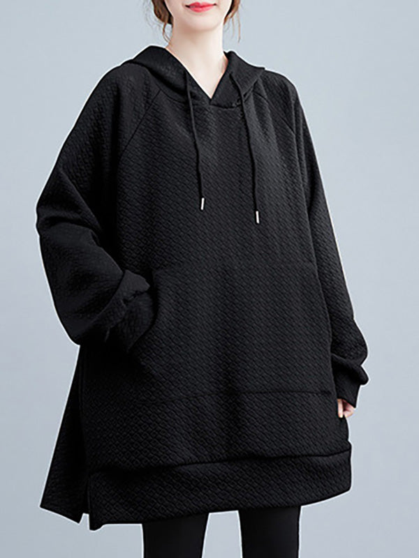 flowersverse Buttoned Drawstring Pockets Solid Color Split-side High-low Long Sleeves Hooded Hoodies Tops