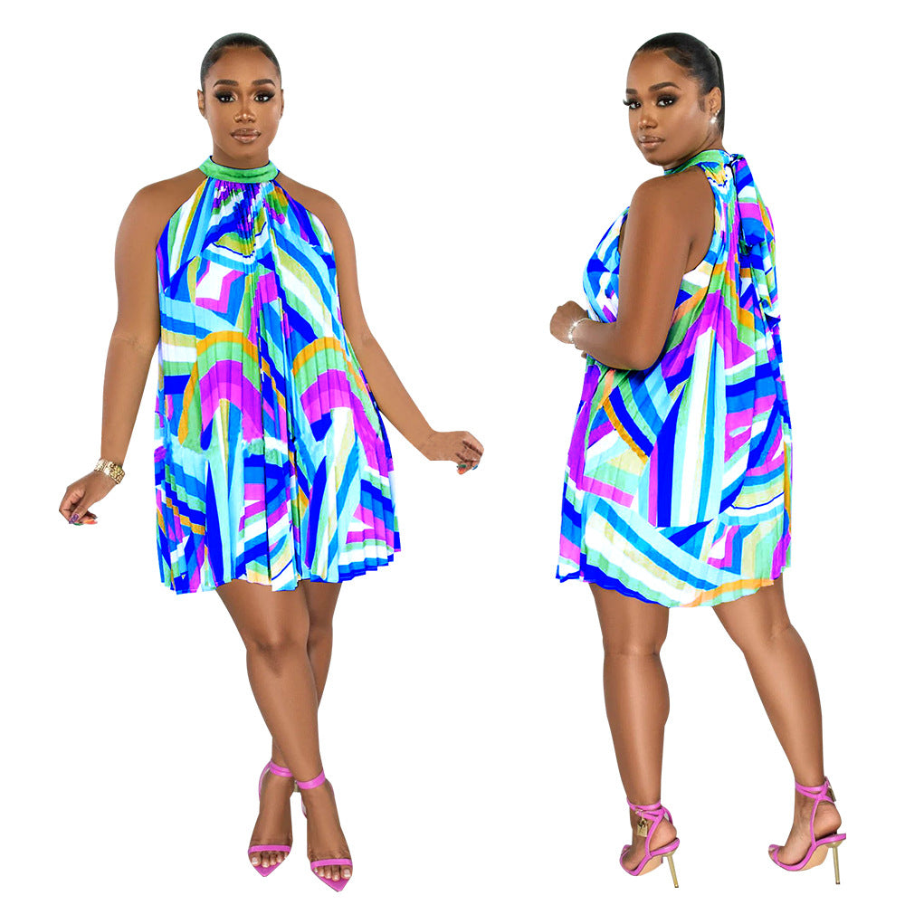 flowersverse Women's Beach Dress Off Shoulder Sleeveless Printed Pleated Dress