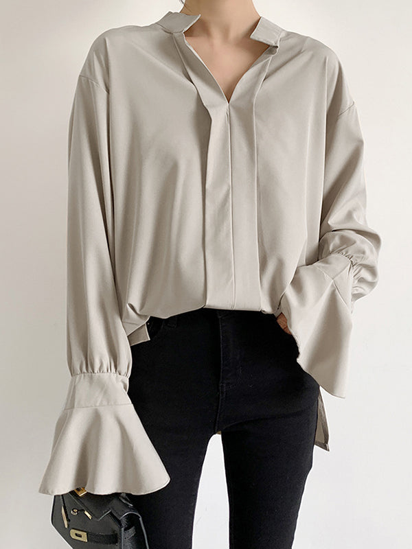 flowersverse Solid Color Flared Sleeves High-low V-neck Blouses&shirts Tops