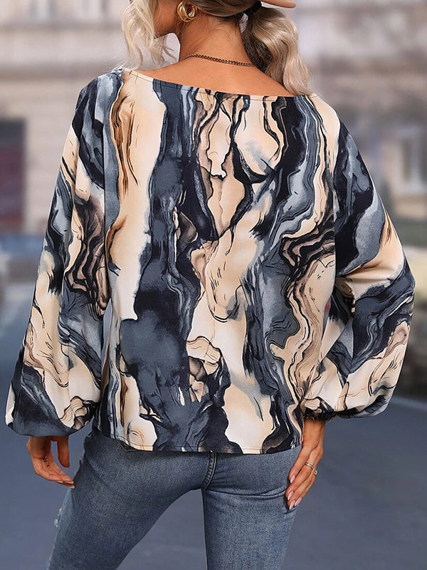 flowersverse Asymmetric Printed Long Sleeves Loose One-Shoulder Blouses&Shirts Tops