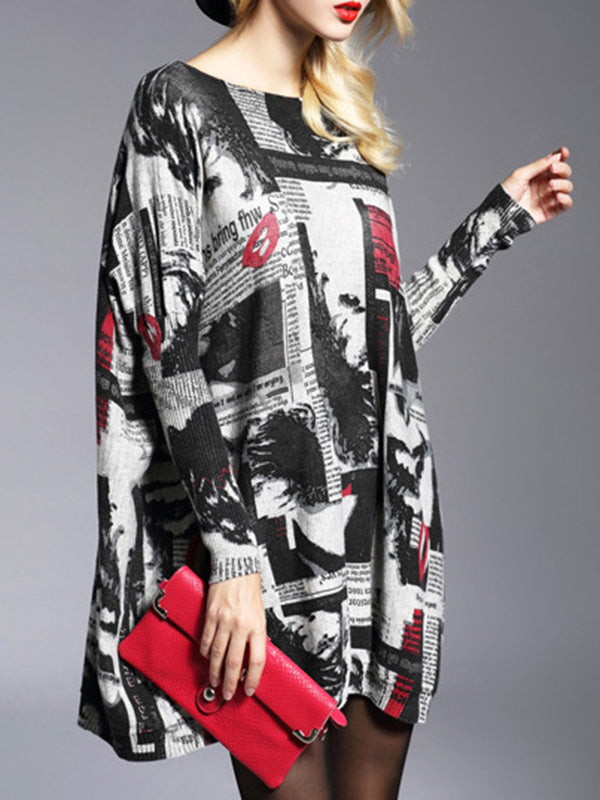 flowersverse Letter Print Printed Long Sleeves Loose Round-Neck Sweater Tops Pullovers Knitwear