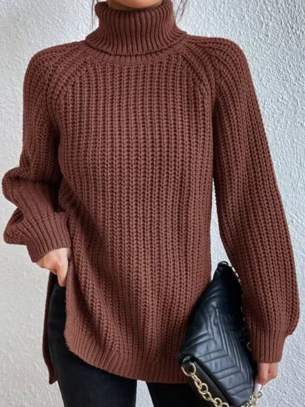 flowersverse Solid Color Split-side Long Sleeves Loose High Neck Sweater Tops Pullovers