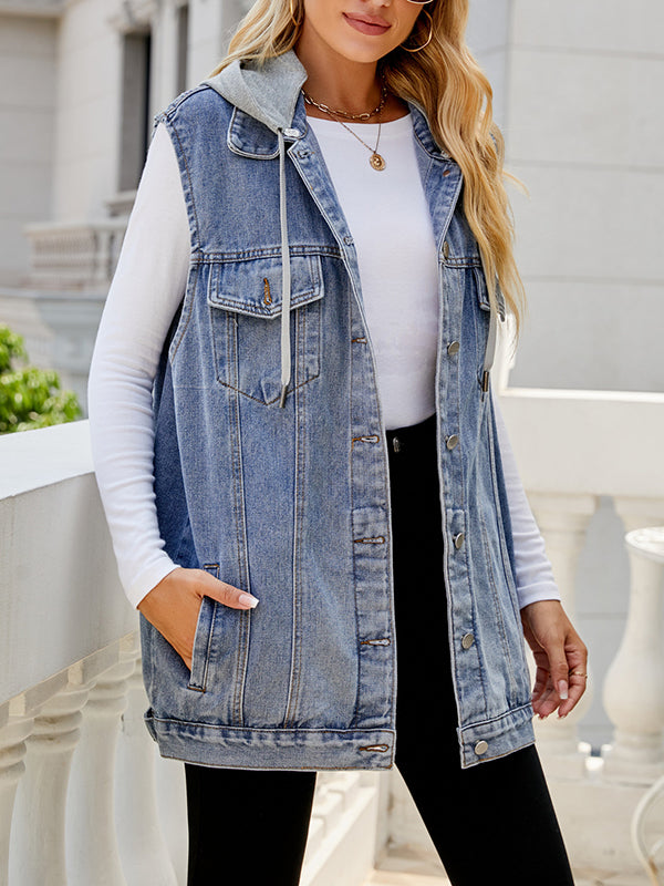 flowersverse Buttoned Detachable Drawstring Hooded Pockets Split-Joint Loose Sleeveless Polo Vest Outerwear