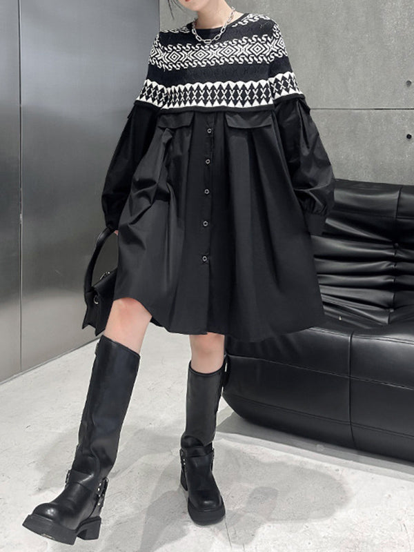 flowersverse Buttoned Contrast Color Split-Joint A-Line Long Sleeves Round-Neck Mini Dresses