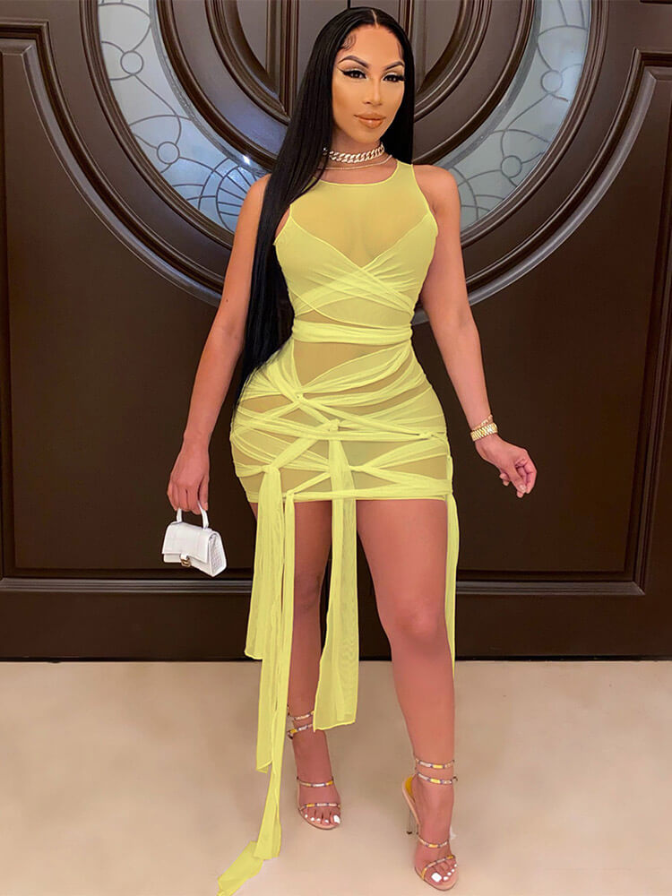 flowersverse Sheer Mesh Sleeveless Bodycon Mini Dresses
