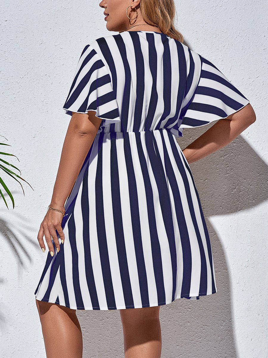 flowersverse Holiday Short Sleeve V Neck A-line Weaving Dress